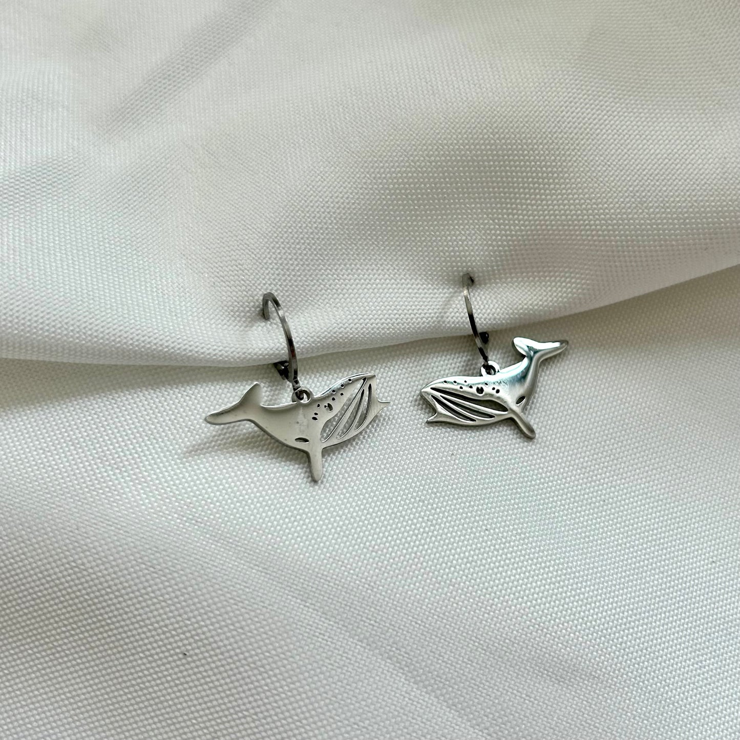 silver whale earrings