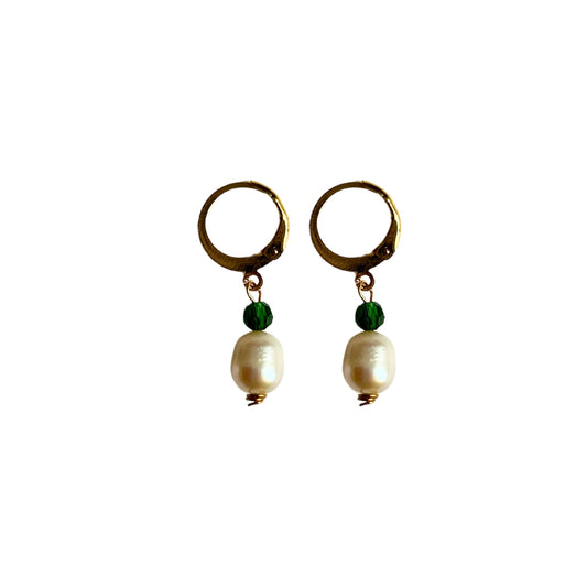 gold earrings with freshwater pearls and green detail