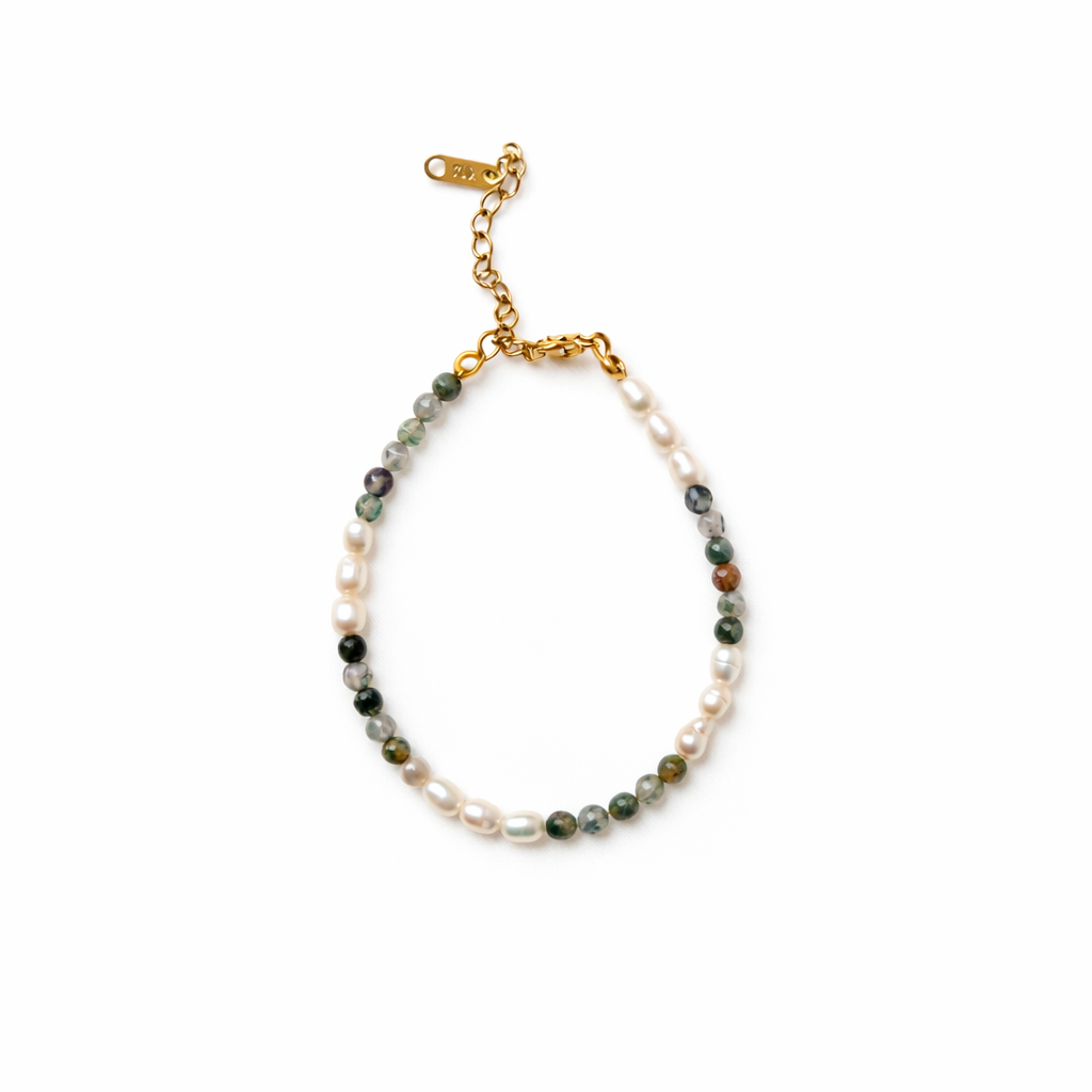 Moss Agate Pearl Bracelet