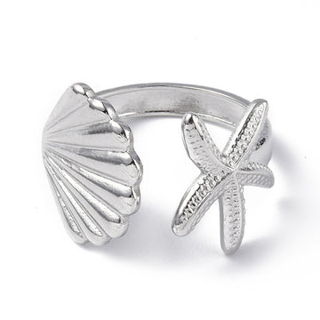 silver ring with seastar and shell